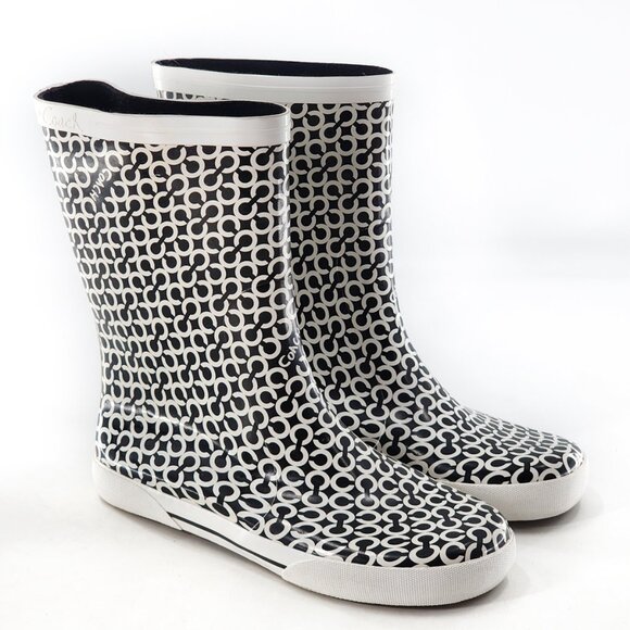 COACH Ursula Signature Print Rain Boots Mid-Calf White Black - Picture 1 of 10